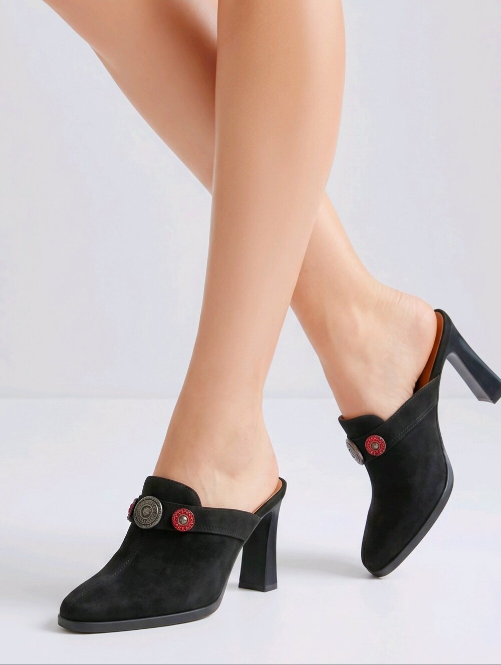 A. Marinelli ✦ Black Leather Suede Heels ✦ Slip‑On Pointed Toe Square Heel 7.5